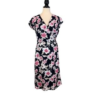 Banana Republic Factory Floral Wrap Dress Short Sleeve Knee Length Blue Pink, 10